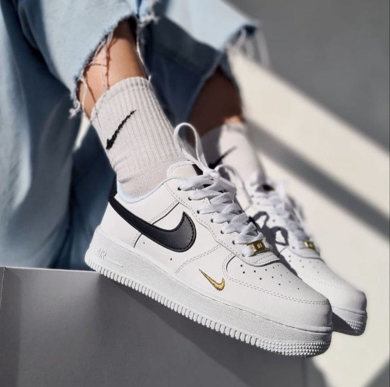 Nike Air Force 1 Low "White/Black" with Gold Embroidery – Unisex Sneakers